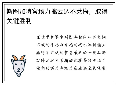 斯图加特客场力擒云达不莱梅，取得关键胜利